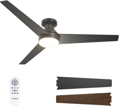 Ceiling Fans with Lights, 52 inch Low Profile Ceiling fan with Light and Remote Control, Flush Mount, Reversible, 3CCT, Dimmable, Noiseless, Black Ceiling Fan for Bedroom, Indoor/Outdoor Use