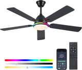 Ceiling Fans with Lights, 52 Inch Low Profile Ceiling Fan with Light and Remote Control,Reversible, RGB_3CCT, Dimmable, Quiet, Black Ceiling Fan for Bedroom Indoor/Outdoor Use