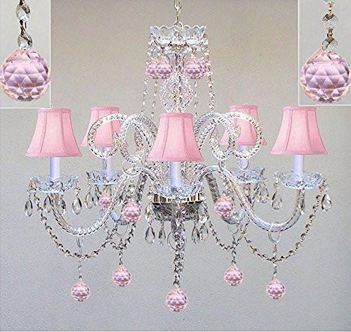 Chandelier Lighting W/ Crystal Pink Shades & Balls H25" X W24" - Perfect For Kid'S And Girls Bedroom - Go-A46-Pinkshades/387/5/Pinkballs
